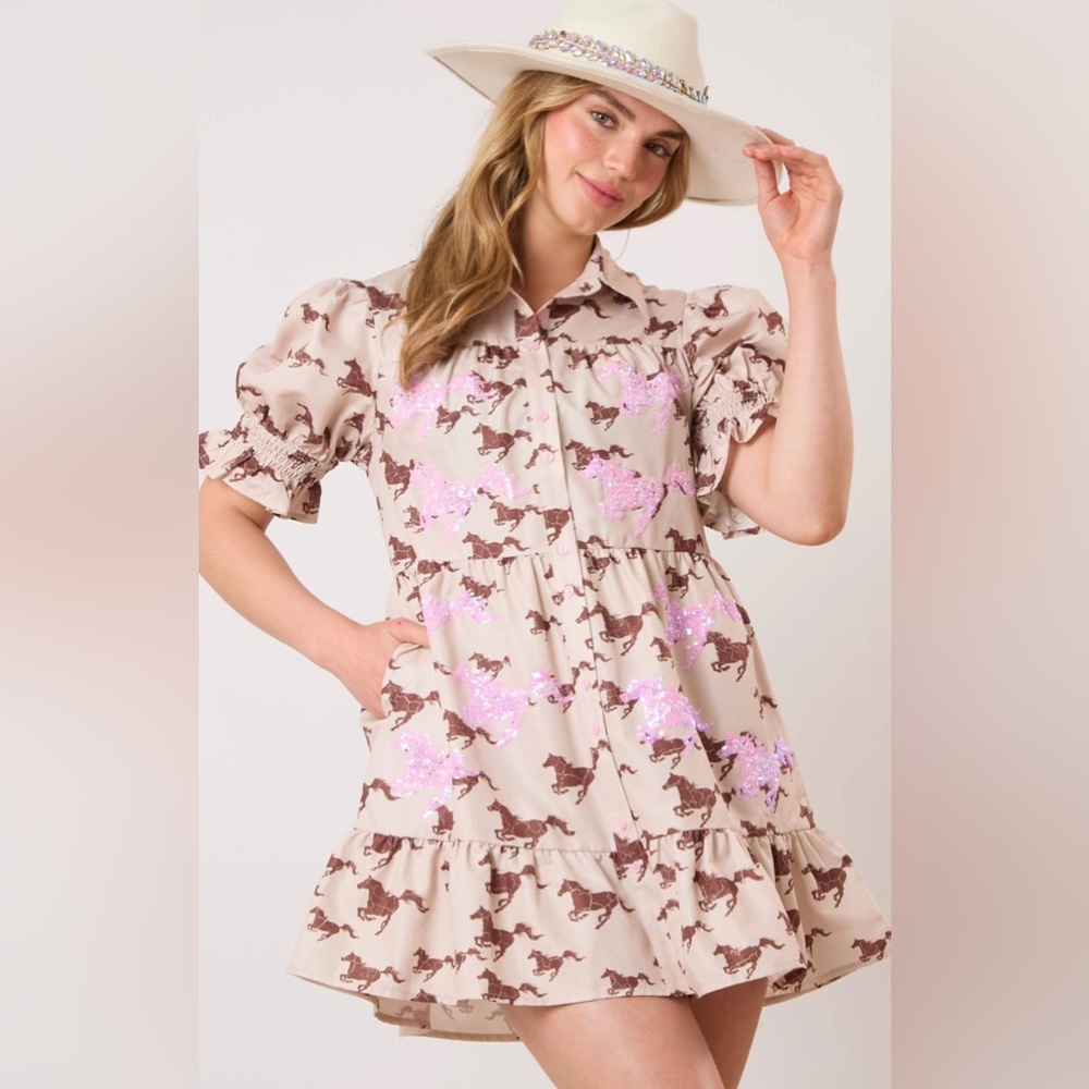 Fantastic Fawn Cream Dress with Brown and Pink Horse Print